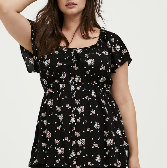 torrid Tops - Torrid  Babydoll tunic blouse Black Floral Crepe Size 2